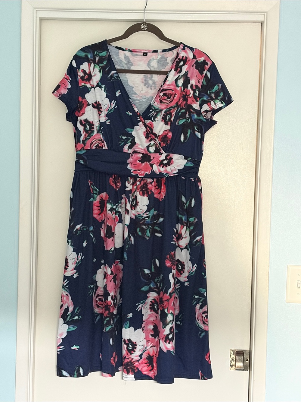 OUGES Women's Summer Short Sleeve V-Neck Floral Short Dress with Pockets XL